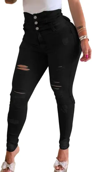 xxxiticat Women's Skinny Jeans High Waisted Ripped Stretchy Button Closure High Rise Denim Pants Slim Distressed Trousers