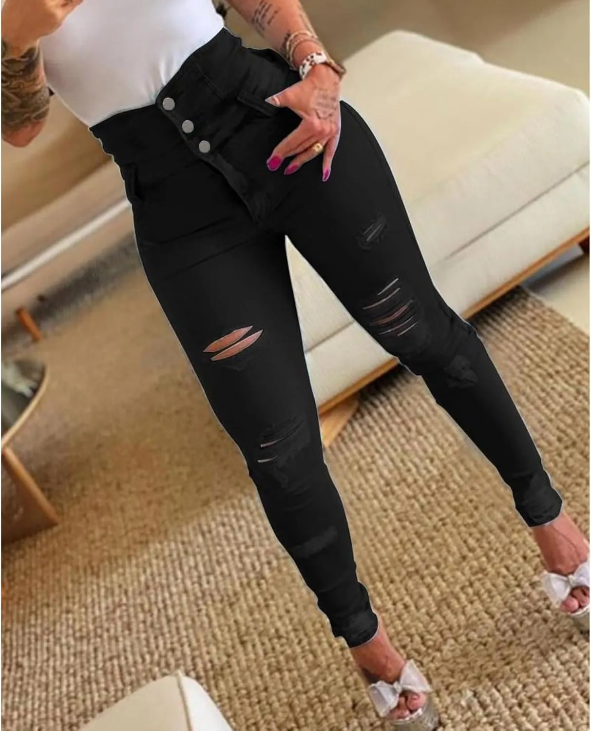 xxxiticat Women's Skinny Jeans High Waisted Ripped Stretchy Button Closure High Rise Denim Pants Slim Distressed Trousers