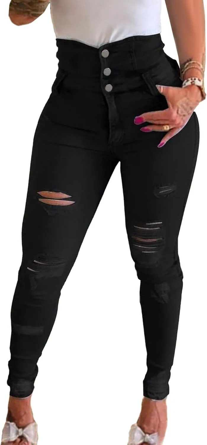 xxxiticat Women's Skinny Jeans High Waisted Ripped Stretchy Button Closure High Rise Denim Pants Slim Distressed Trousers