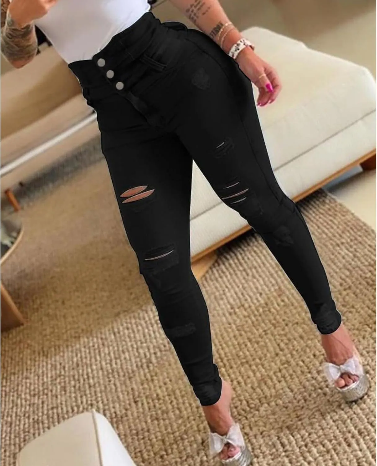xxxiticat Women's Skinny Jeans High Waisted Ripped Stretchy Button Closure High Rise Denim Pants Slim Distressed Trousers