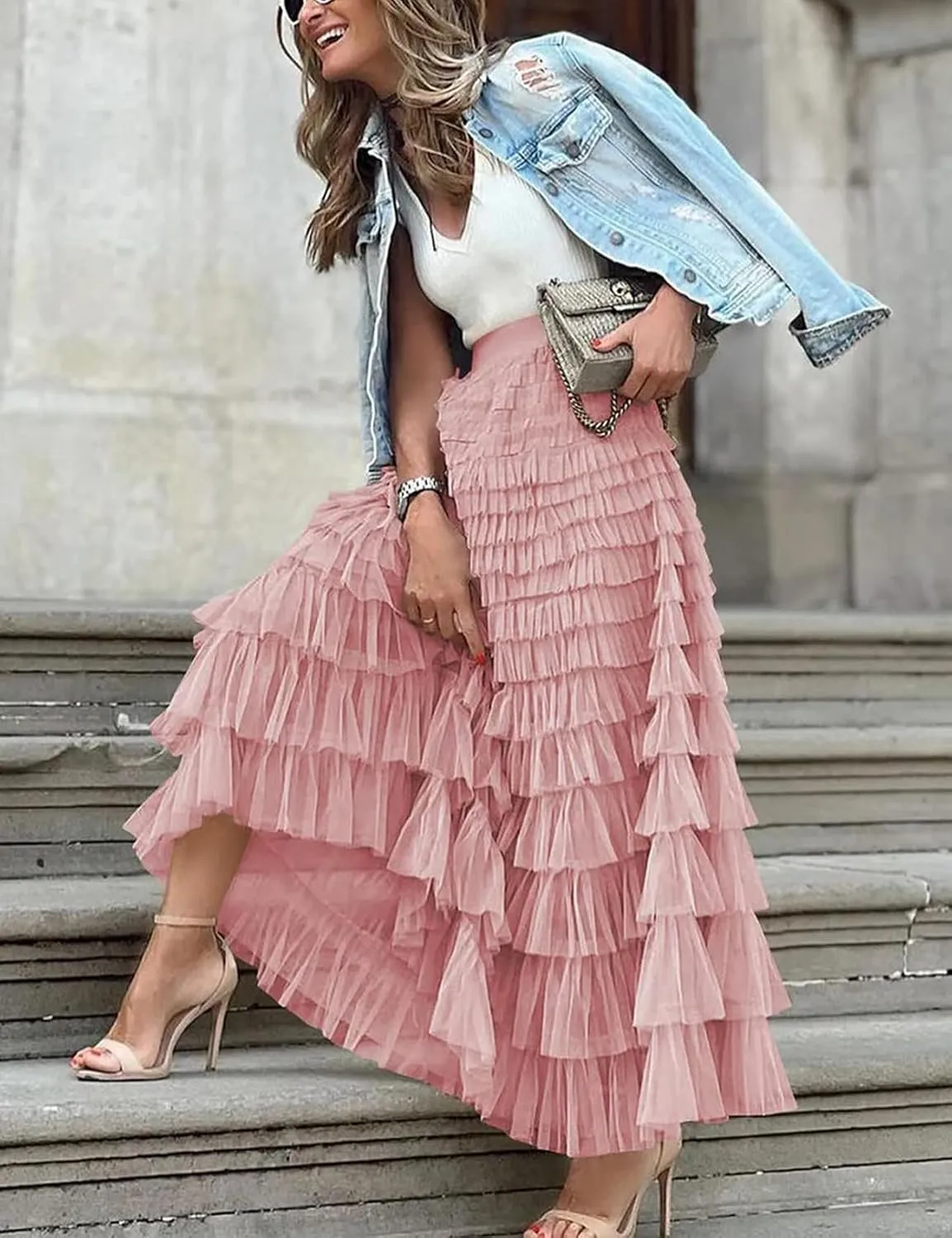 Yimoon Womens Long Maxi Tulle Skirts A Line High Waisted Tiered Layered Midi Skirt Tutu Ruffle Pleated Mesh Petticoat