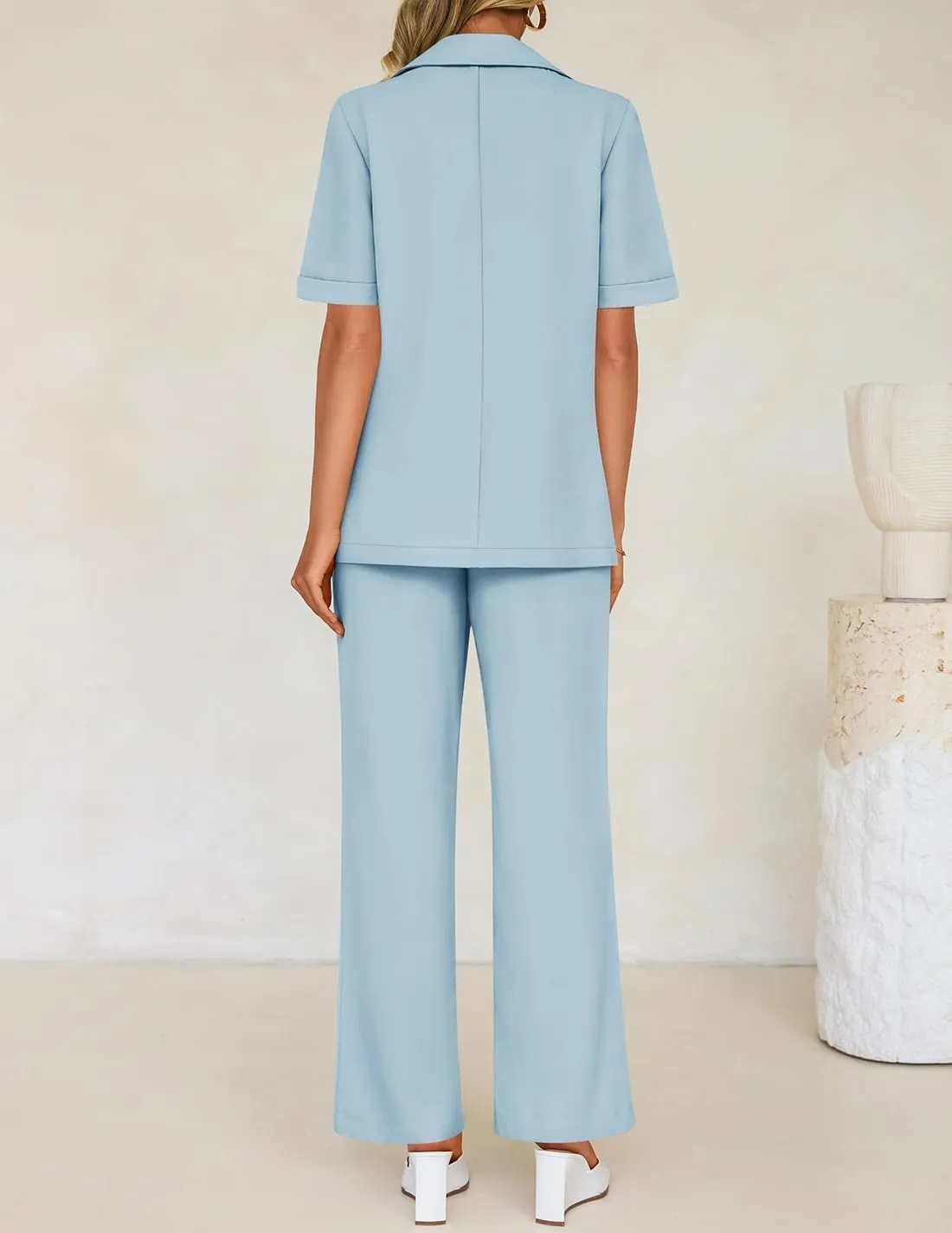 ZESICA Women's 2025 Casual 2 Piece Outfits Short Sleeve Blazer Jacket and Wide Leg Pants Loose Business Suit Sets