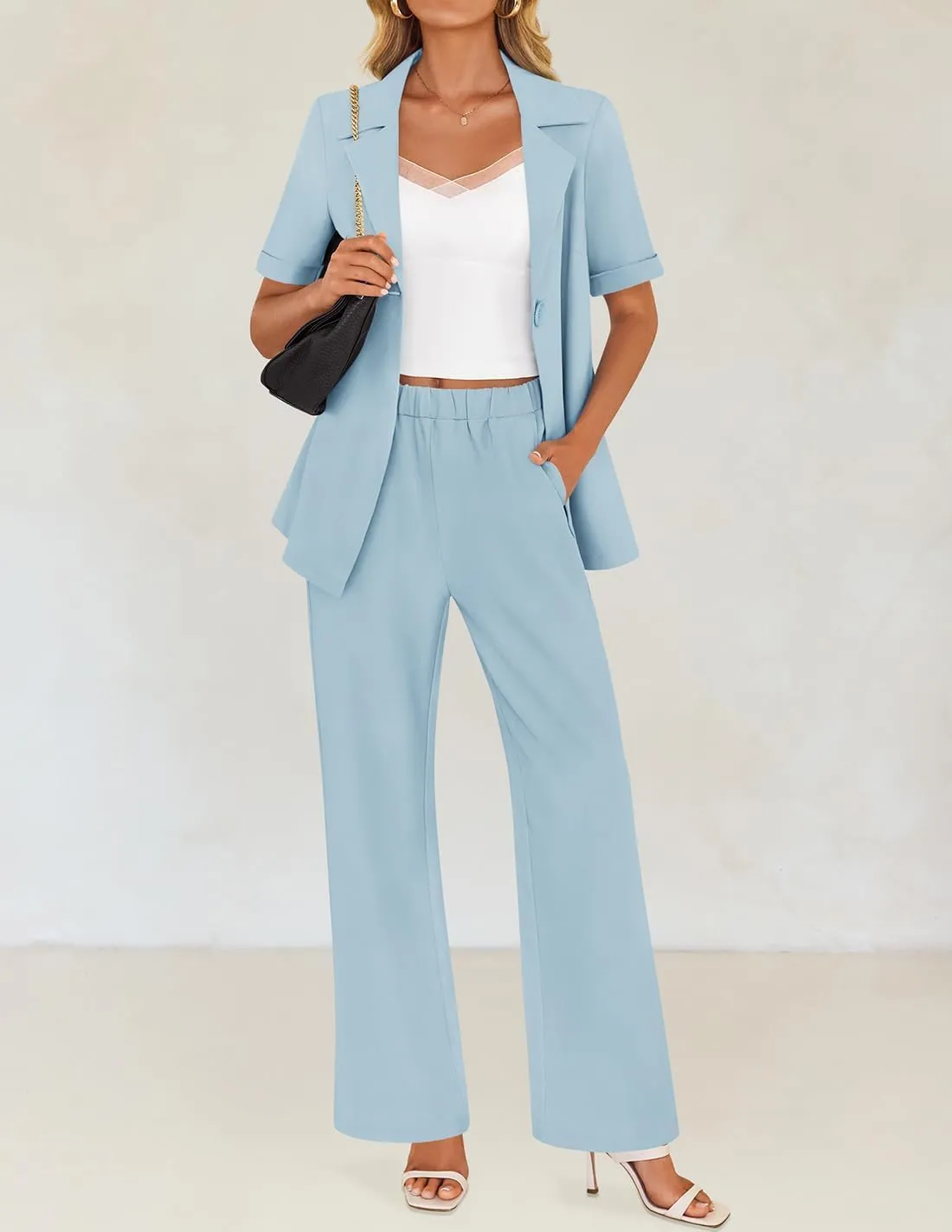 ZESICA Women's 2025 Casual 2 Piece Outfits Short Sleeve Blazer Jacket and Wide Leg Pants Loose Business Suit Sets
