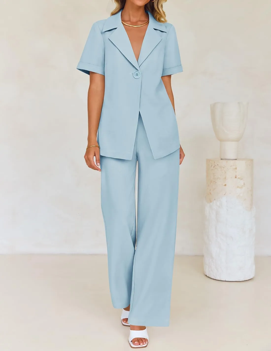 ZESICA Women's 2025 Casual 2 Piece Outfits Short Sleeve Blazer Jacket and Wide Leg Pants Loose Business Suit Sets