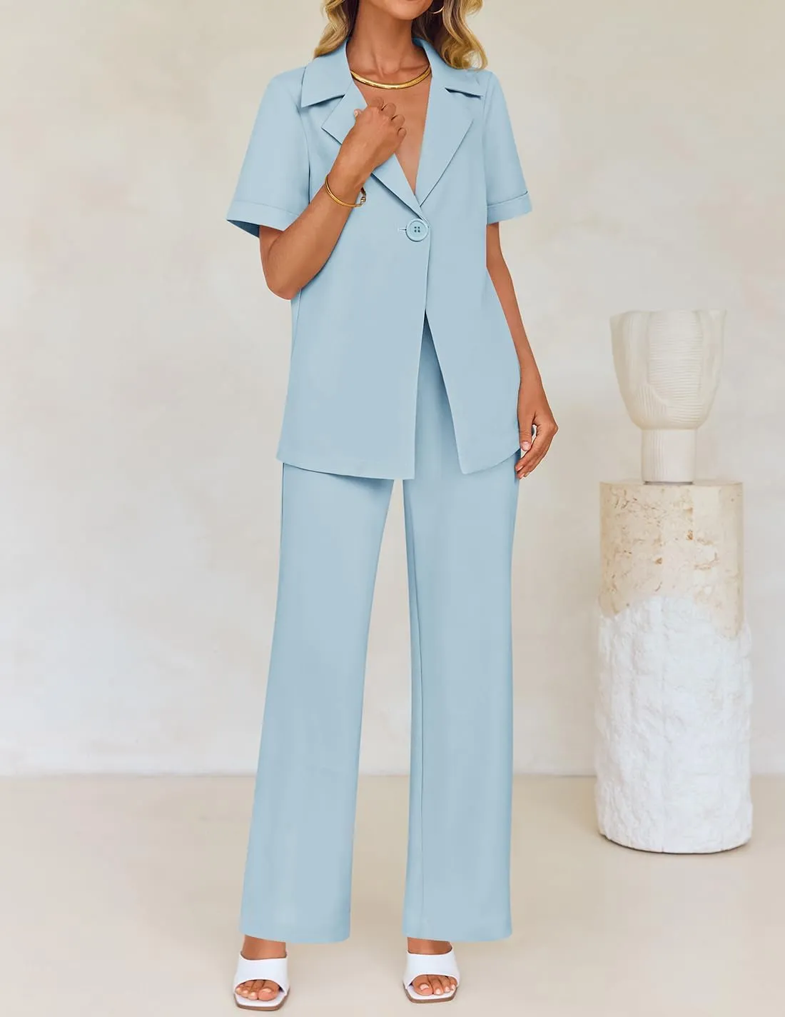 ZESICA Women's 2025 Casual 2 Piece Outfits Short Sleeve Blazer Jacket and Wide Leg Pants Loose Business Suit Sets