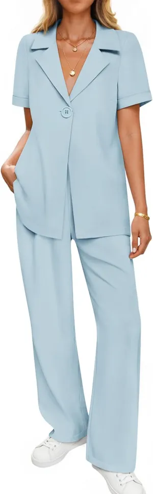 ZESICA Women's 2025 Casual 2 Piece Outfits Short Sleeve Blazer Jacket and Wide Leg Pants Loose Business Suit Sets