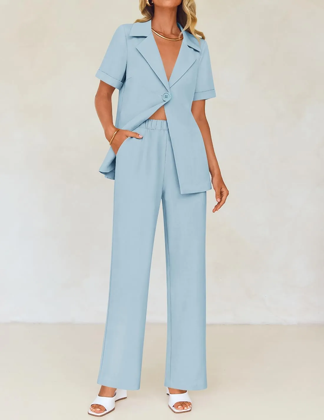 ZESICA Women's 2025 Casual 2 Piece Outfits Short Sleeve Blazer Jacket and Wide Leg Pants Loose Business Suit Sets